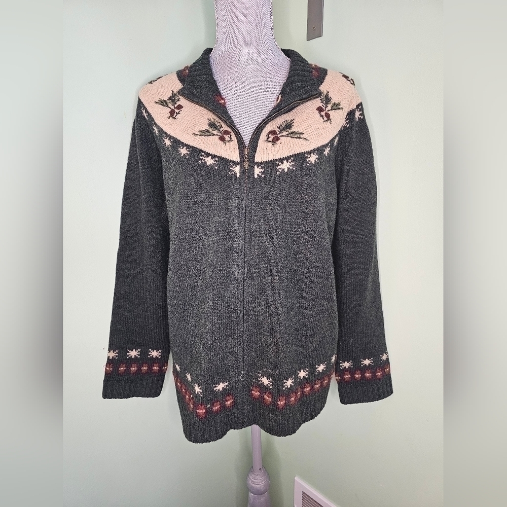 Woolrich Pinecone Pattern Zip Mock Neck Sweater Women's Large Green Wool…